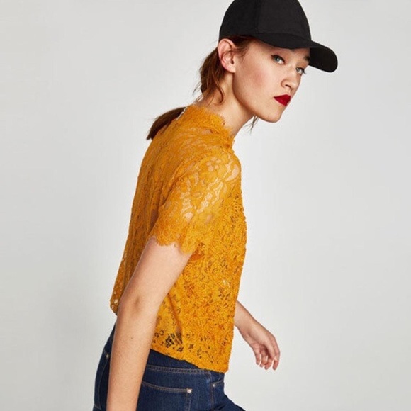 Zara Tops - Zara mustard lace embroidered mock neck crop top